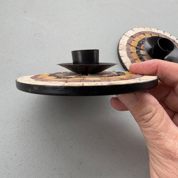 Vintage Mosaic Candle Sticks Black Metal Natural stone Made in Israel - Picture 2 of 8